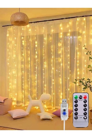 3x3 Metre Sıcak Beyaz Uzaktan Kumandalı Usb Bağlantılı Perde Led Işık Zinciri