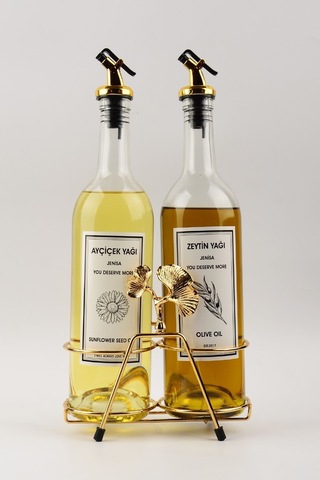 Altın Standlı Ginkgo Figürlü 750ml Şeffaf Şişe Altın Akıtıcılı Et