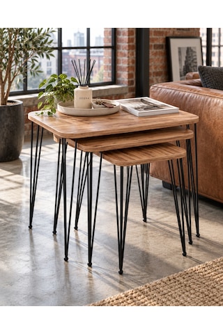 Odera Ceviz Tel Zigon Sehpa 3'lü Set Metal Ayaklı Modern Retro Salon Sehpası Diğer