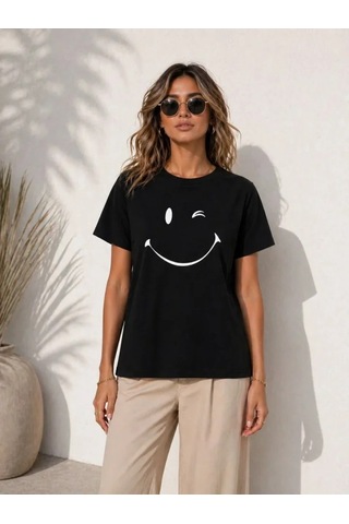 Efnaz Style Minimal Gülümseyen Yüz Baskılı Tişört Kısa Kol Yazlık T-shirt - Siyah