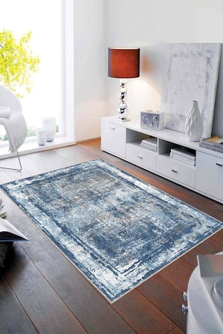 Mavi Modern Klasik Kaymaz Tabanlı Dekoratif Halı Ar112n11