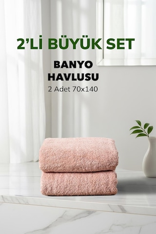 2 Li Çizgili Pudra Renk Yumuşak Pamuk Banyo Havlu Seti 70x140 Cm