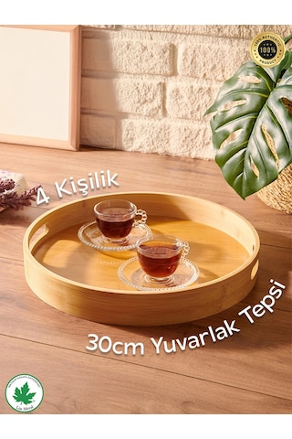 Yuvarlak Bambu Tepsi, Kulplu Sunum Tepsisi, Servis Tepsisi, Kahve Tepsisi, Keyif Tepsisi, Modern Tahta Tepsi - 30 Cm Bambu