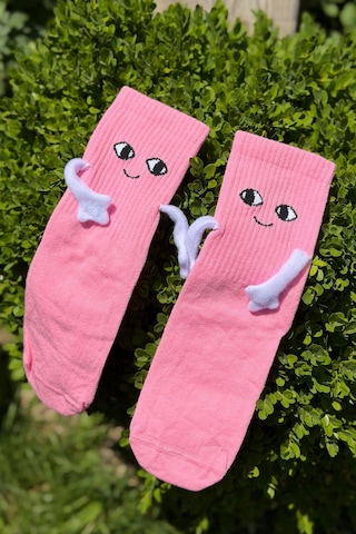 Lousocks Unisex Pembe Elele Tutuşan - Halay Çeken Çorap 1 Çift - Sevimli Yüz İfadeli Soket Çorap