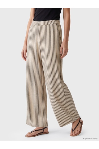 Lcw Everyday Ekru Beli Lastikli Çizgili Kadın Pantolon