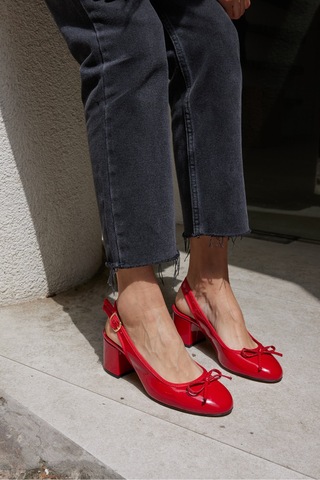 Dorado Kadın Nude Cilt Slingback Kalin Topuklu Ayakkabi Kırmızı