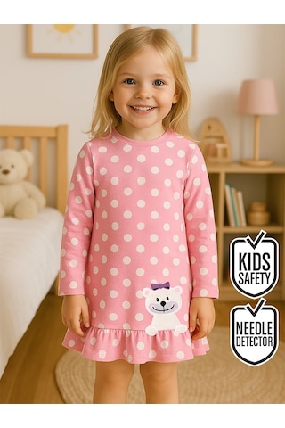 Denokids Ayıcık Kız Bebek Puantiyeli Pembe Elbise Çok Renkli