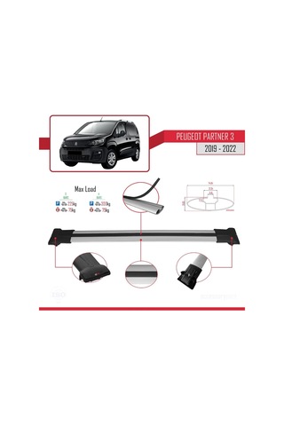 Peugeot Partner 2019-2022 Arası İle Uyumlu Fly Model Ara Atkı Tavan Barı Gri 3 Adet Bar