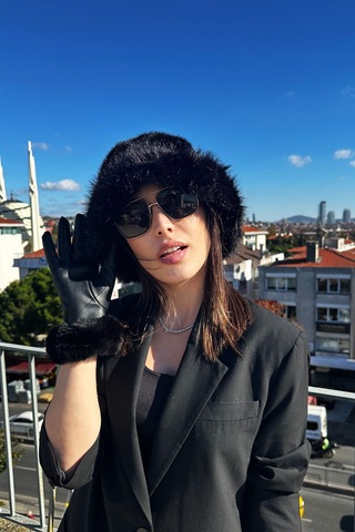 Mollycrush Kadın Siyah Kürk Bucket Şapka Ve Eldiven Trend Kışlık Set Siyah