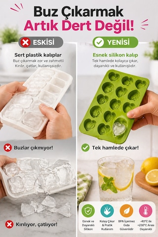 10 Lu Kalp Buz Kalıbı Silikon Esnek Buzluk Çikolata Jelibon Kalıbı Kolay Çıkan Buz Kalıbı