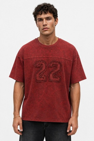 Respire Erkek 22 Nakışlı Yıkamalı Oversize T-shirt Bordo