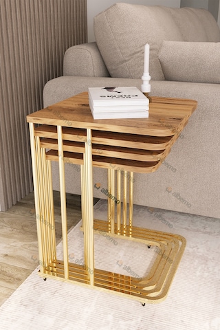 Usta Mekan Orkide Tekerlekli 4 Lü Zigon Sehpa Gold- Atlantik Çam Kahverengi