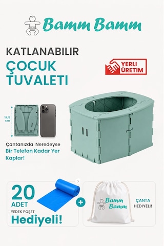 Bamm Bamm Katlanabilir Çocuk Tuvaleti, Portatif Lazımlık Taşıma Çantalı Yeşil
