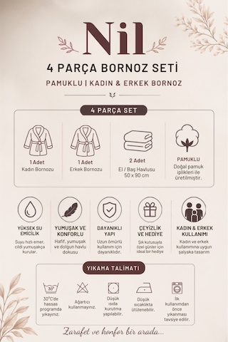 Nil 4 Parça Pamuklu Unisex Bornoz Ve Havlu Seti Bornoz Erkek Bornoz Kadın Bornoz Havlu Hediyelik Sabahlık Çeyiz Kahve - Pudra