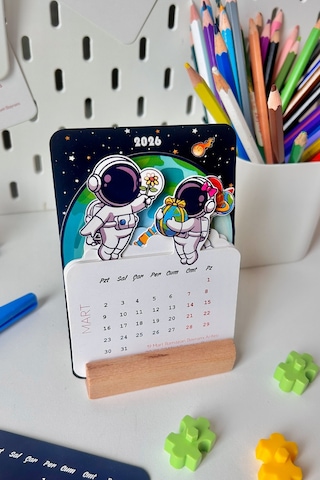 2026 Uzay Temalı Masa Takvimi Astronot Tasarımlı, Ahşap Standlı, 12 Ay Özel Kesim Kart Takvim