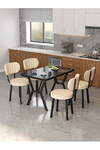 Azra 70x110cm Bendir Mutfak Masası, Mutfak Masası Takımı, Yemek Masası, 4 Krem Sandalye Krem