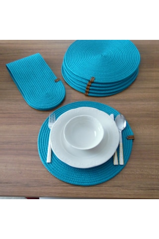 Turkuaz 6 Kişilik 7parça Amerikan Servis, Hasır Supla Takımı, Tab Turkuaz