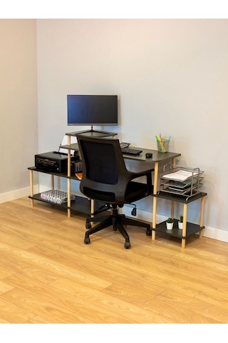 Çalışma Masası 5 Raflı Ahşap Ayaklı Dekoratif Modern Bilgisayar Ofis Masası - Antrasit - Köşe