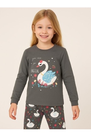 Kız Çocuk Kuğu Baskılı Pamuklu Pijama Takımı-16057 Haki
