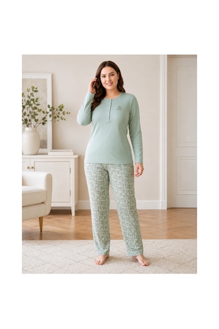 Flz Kadın Kışlık Viskon Pijama Takımı M L Xl Xxl Uzun Kollu Boydan Düğmeli Şık Ev Giyimı B89-100 Mint