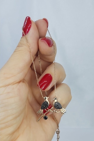 925 Ayar Siyah Taşlı Muhabbet Kuşlu Gümüş Kolye