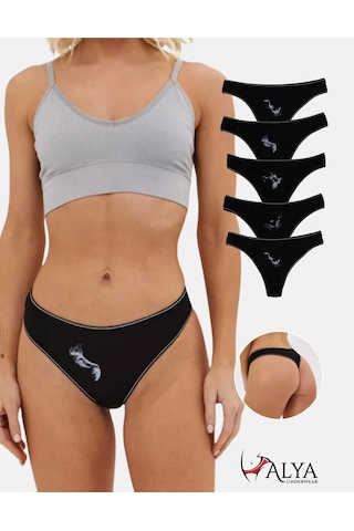 Alya Underwear Kadın Külot Pamuklu String - 5 Adet Siyah Tanga S, M, L, Xl Siyah P13