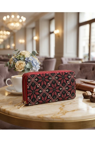 Zaytoon Filistin Geleneksel Renkli Kırmızı Nakışlı Çift Fermuarlı Kadın Büyük Cüzdeni 20x10 Cm A100027 Kirmizi