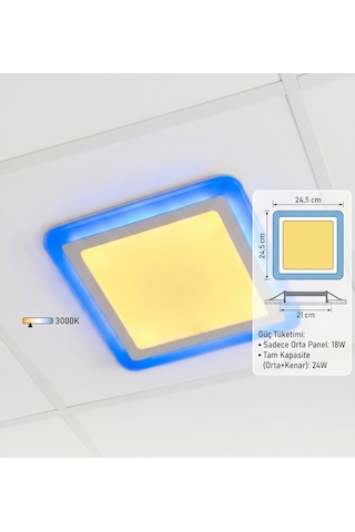 Kare Sıva Altı Led Spot Aydınlatma 24 Watt Çift Renk 3 Kademe Mavi Günışığı Gece Lambası Armatür