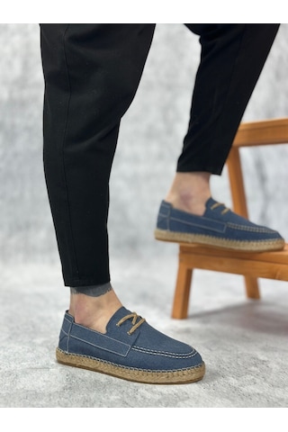 Ba0358 Boa Doğal Deri Tozu Bağcıklı Kauçuk El Yapımı Espadril Taban Mavi Renk Erkek Ayakkabı Mavi