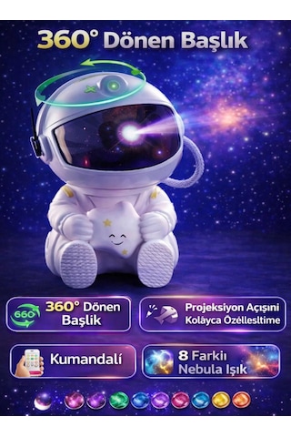 Astronot Şekilli Galaksi Projeksiyon Gece Lambalı Kumandalı Çocuk Odası Uzay Lambalı Beyaz