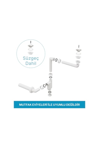 Aqua Bagno Comfort Yer Kazandıran Lavabo Sifonu Ve Süzgeç - 2 Parça , Kolay Temizlenir, Ayarlanabilir Koku Önleyici Gide beyaz