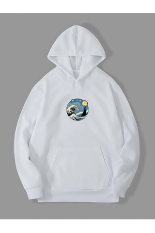 Harmandar 3 İplik Yıldızlı Gece Dalga Baskılı Beyaz Kanguru Cepli Kapüşonlu Sweatshirt Hoodie Dalgabeyazsweat