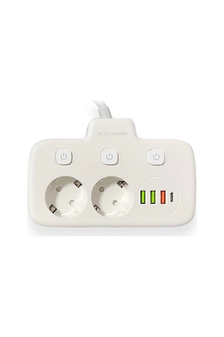 Akım Korumalı 2'li Ayrı Anahtarlı Priz, 2x Priz, 3x Usb, 1x Type-c, 2 Mt Kablo, Hızlı Şarj 2 M