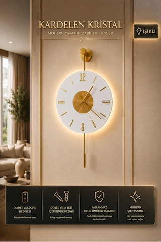 MetaQuartz Aksesuar Kardelen Gold Kristal Seri 30x55cm ,pilli Led ,modern Dekoratif Metal Duvar Saati