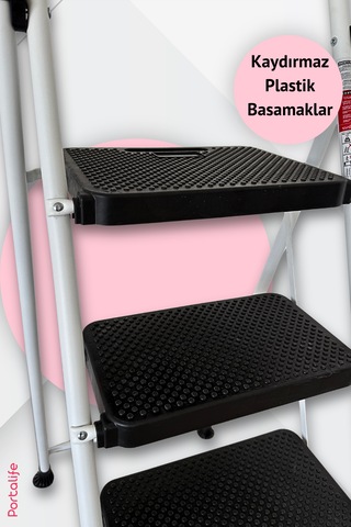 Portalife 3 Basamaklı Uzun Tutacaklı Şık Çelik Merdiven - Beyaz 3 Basamak