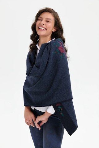 Desen Triko Üç Çiçekli Nakış İşlemeli Kadın Yün Şal 24055 Lacivert
