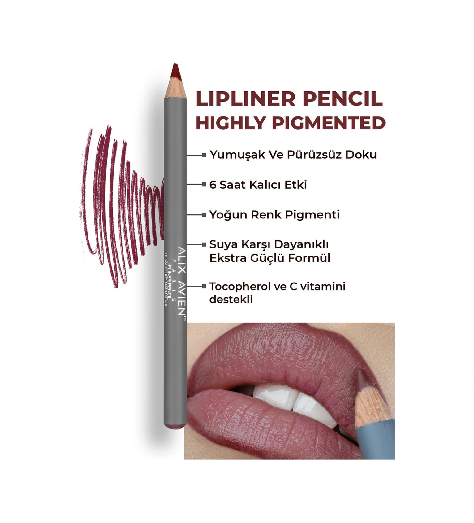 Alix Avien Uzun Süre Kalıcı Dağılma Yapmayan Nemlendirici Dudak Kalemi Lipliner Pencil 18 Raspberry Marmalade