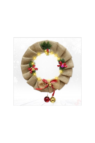 Yılbaşı 50cm Jüt Kapı Çelengi, Led Işıklı