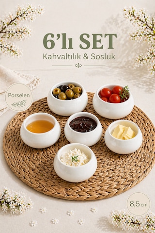 Porselen 6 Lı Kahvaltılık Kase Seti 8,5 Cm Sosluk Çerezlik Sunumluk Beyaz