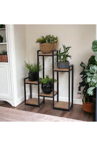 METAL AHŞAP 6 RAFLI SAKSI STANDI KATLI DİKEY SAKSILIK ÇİÇEKLİK