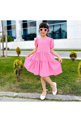 Minigimin Cicileri Miniğimin Cicileri Karpuz Kol Pembe Kız Keten Elbise