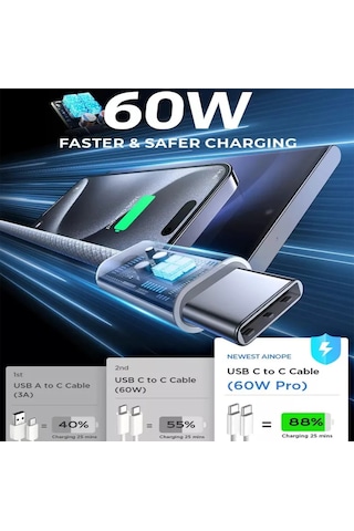 240w A Kadar Güç Destekli Yeni Nesil Hızlı Şarj Kablosu Type-c To Type-c Apple Uyumlu MacBook iPad, Tablet İçin