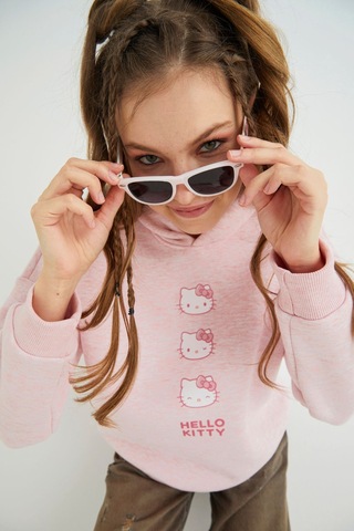 Hello Kitty Lisanslı Baskılı Kapüşonlu Pembe Sweatshirt Renkli
