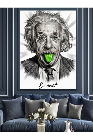 Dil Çıkaran Einstein Portresi Dekoratif Kanvas - Mdf Ahşap Tablo