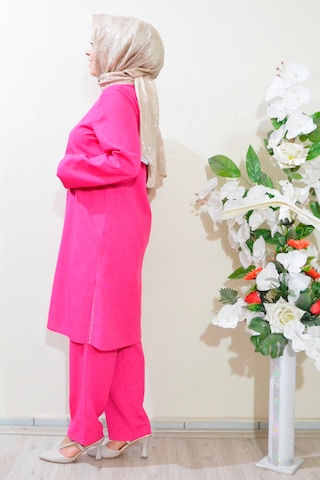 Deryam Tekstil Kadın Sofya Keten Tunik Pantolon Takımı Pembe 42 Beden Pembe