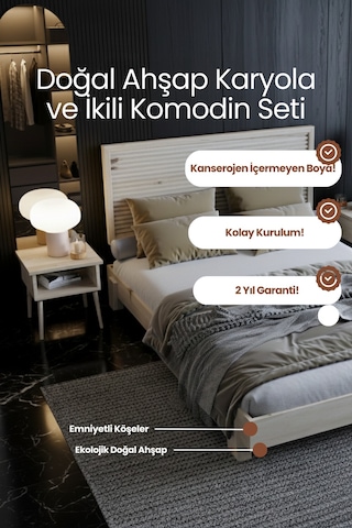 Alaz Model Yatay Başlıklı Masif Ahşap Karyola Ve 2 Adet Komodin Kolay Kurulum Fırınlanmış İthal Sibirya Çamı 90x190 Yatak Uyumlu 2 Adet Komodin