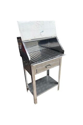 Paslanmaz Kömürlü Mangal Çekmeceli 35 X 50 Cm Sehpalı Kapaklı Barbekü Gri