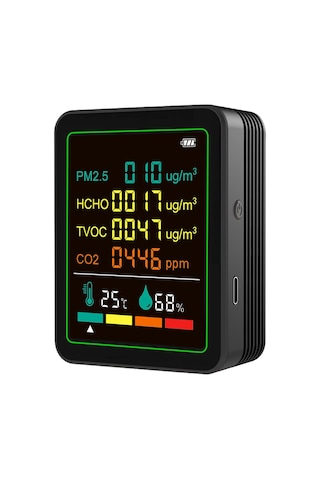 Youtek Pm2.5, Co2, Tvoc, Hcho, Sıcaklık Ve Nem İçin 6-1 Çevre Monitörü - Infrared + Yarıiletken Sensörler - 1200mah Batarya - Siyah Standart Paket