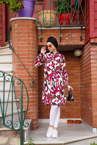 Polologin Butik Fuşya Renkli Soyut Desenli Uzun Tunik Pembe