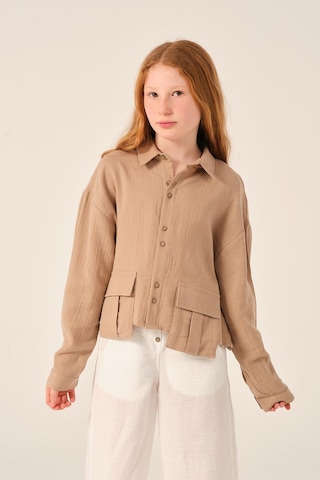 Genç Kız Çocuk Cepli Uzun Kollu Gömlek Bej